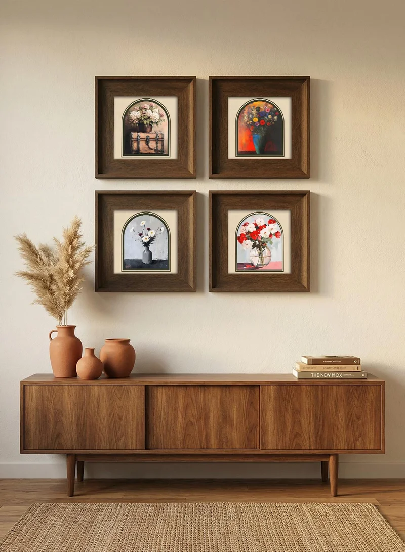 لوحة مجموعة من ٤ لوحات كانفاس على إطار خشبي مع إطار خارجي كلاسيكي بني بتصميم مزهريات كلاسيكية